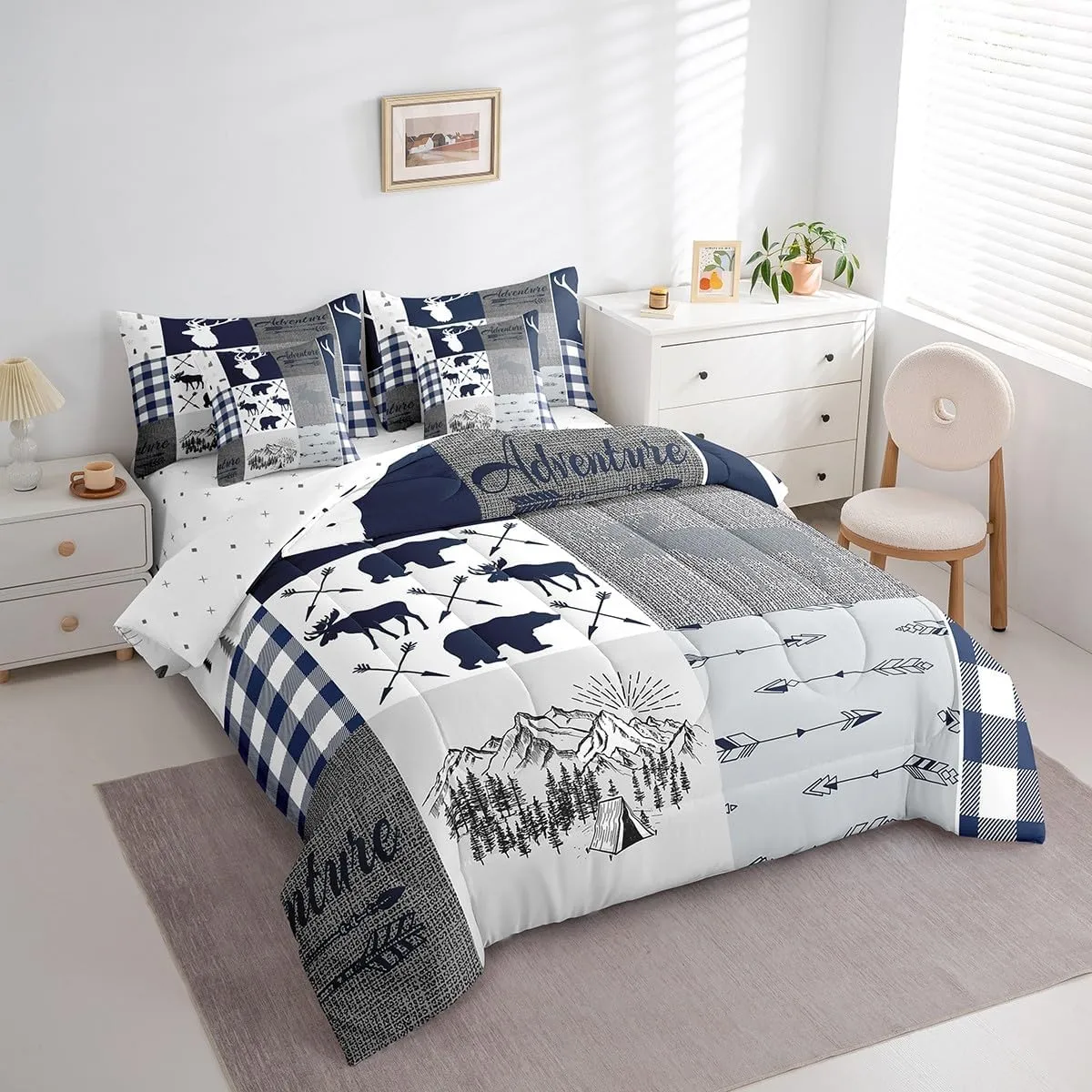 Erosebridal Moose Comforter for Boys, Bear Deer Bed in A Bag Queen 7 Pieces Bedding - 1 Rustic Farmhouse Comforter, 1 Arrows Adventure Fitted Sheet, 1 Flat Sheet, 2 Pillow Cases,2 Throw Pillow Covers
