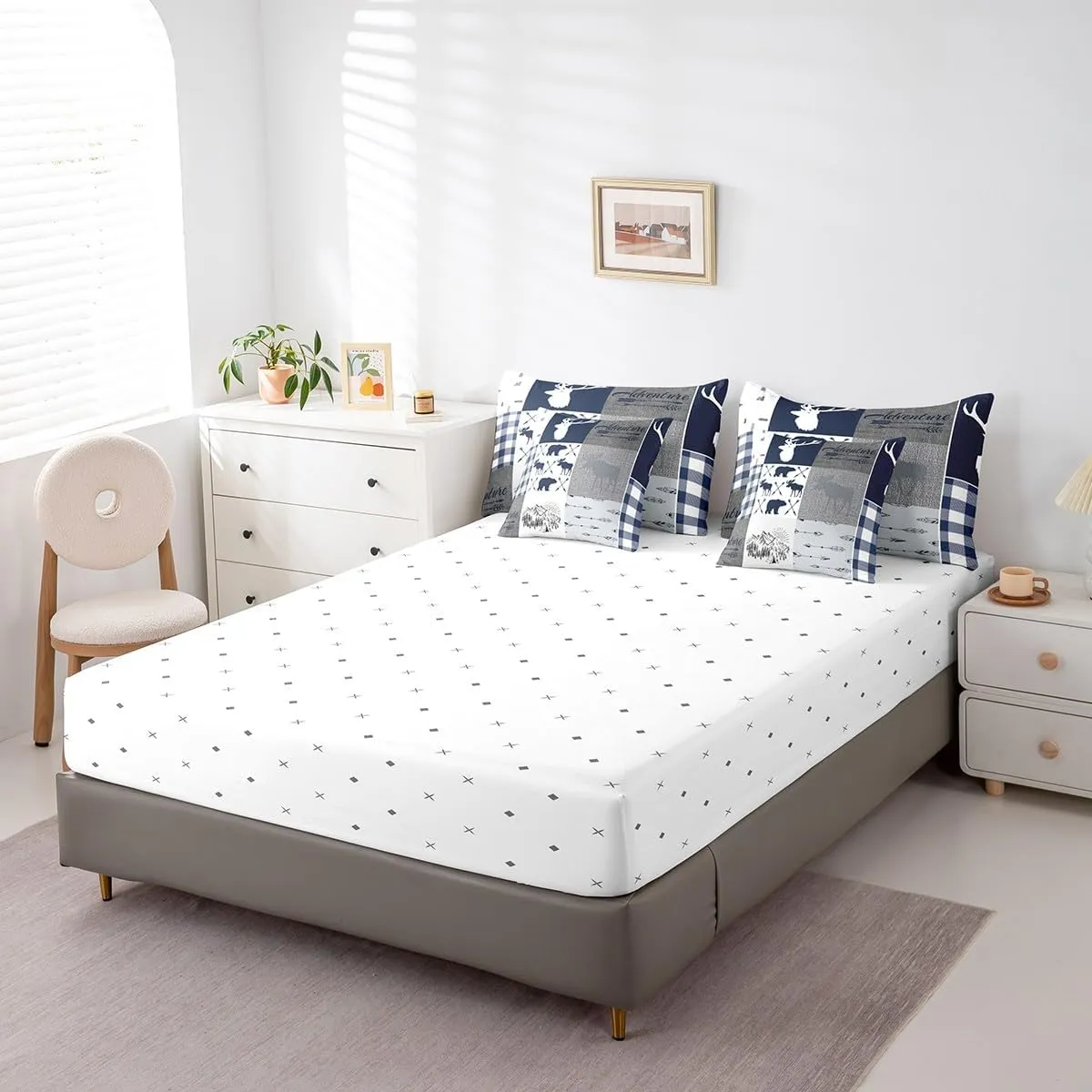 Erosebridal Moose Comforter for Boys, Bear Deer Bed in A Bag Queen 7 Pieces Bedding - 1 Rustic Farmhouse Comforter, 1 Arrows Adventure Fitted Sheet, 1 Flat Sheet, 2 Pillow Cases,2 Throw Pillow Covers