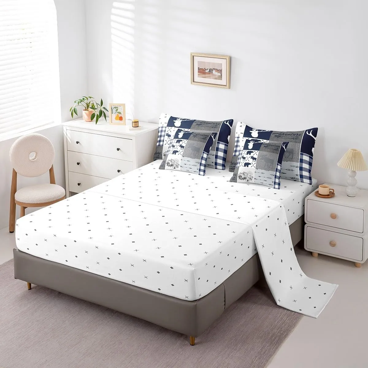 Erosebridal Moose Comforter for Boys, Bear Deer Bed in A Bag Queen 7 Pieces Bedding - 1 Rustic Farmhouse Comforter, 1 Arrows Adventure Fitted Sheet, 1 Flat Sheet, 2 Pillow Cases,2 Throw Pillow Covers