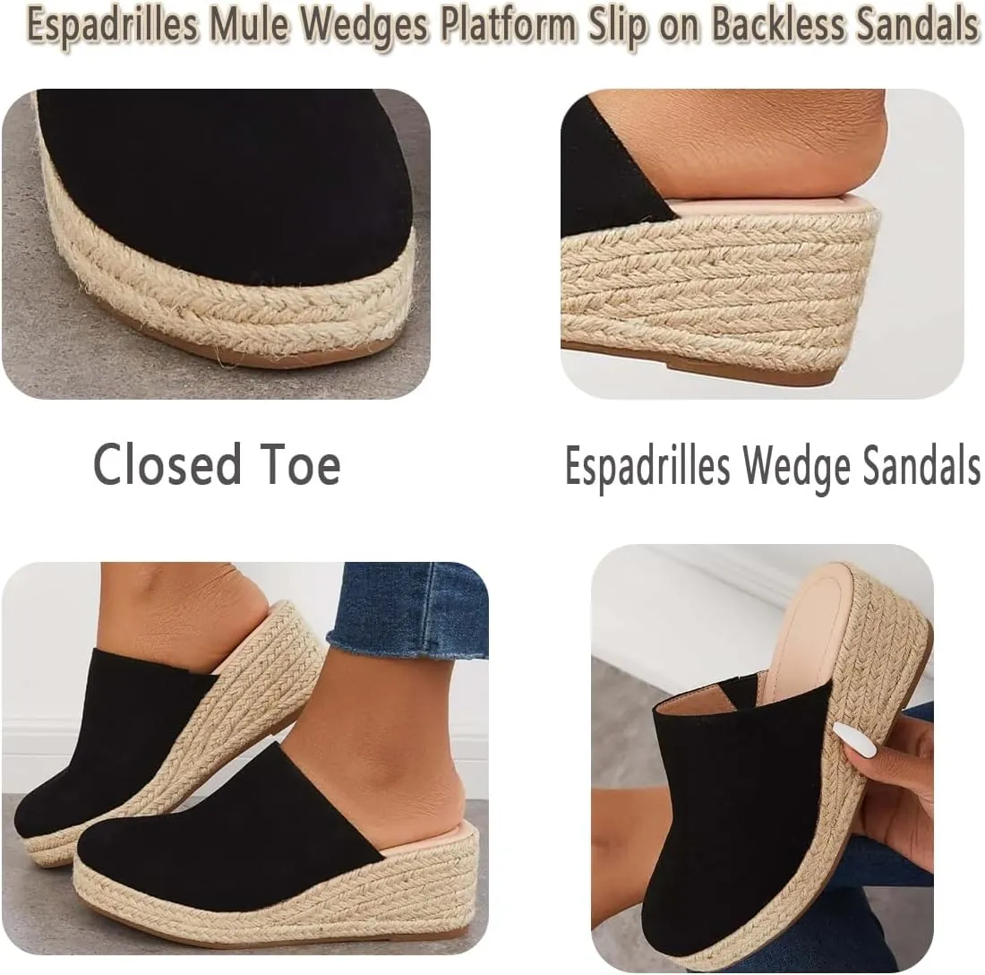 Espadrilles Mule Wedges Platform Slip on Backless Sandals, Closed Toe Wedge Sandals for Women Clogs Mules Sandals