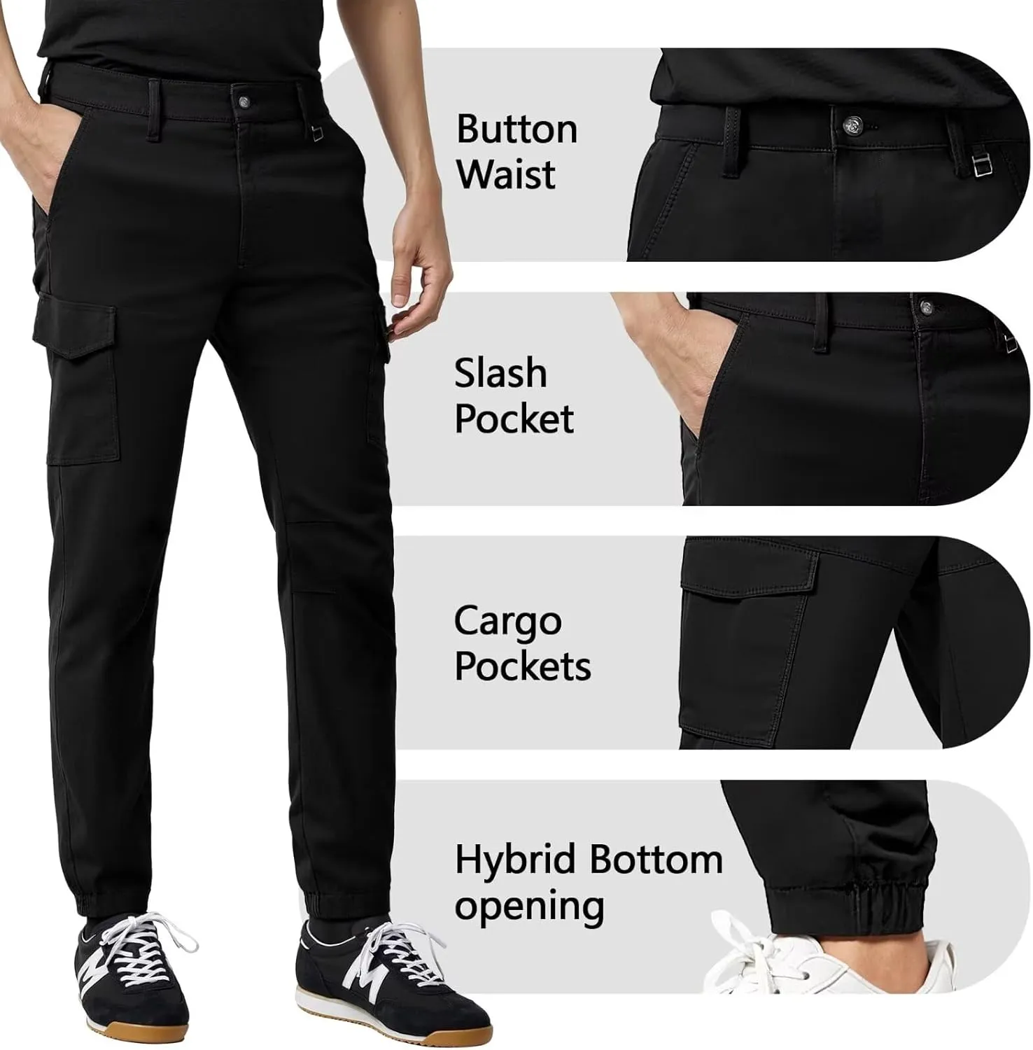 ETHANOL Men’s Stretch Lightweight Techwear 6-Pocket Cargo Pants with Heat-Seal Zipper for Workout and Workwear
