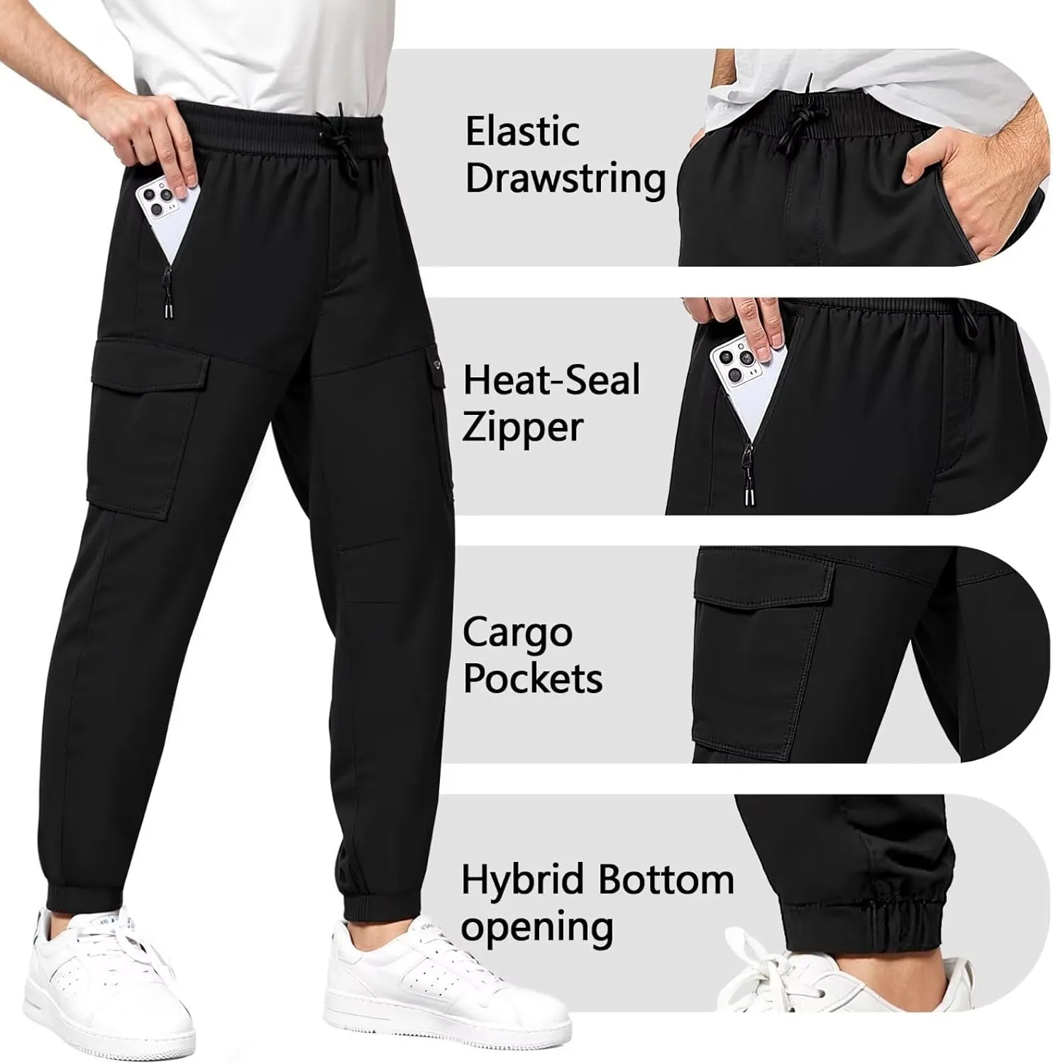 ETHANOL Men’s Stretch Lightweight Techwear 6-Pocket Cargo Pants with Heat-Seal Zipper for Workout and Workwear
