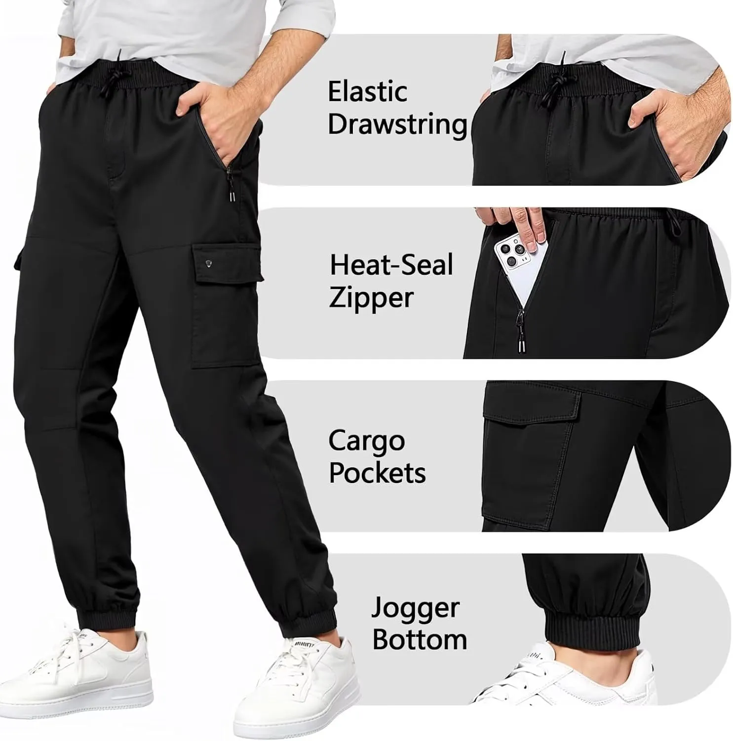ETHANOL Men’s Stretch Lightweight Techwear 6-Pocket Cargo Pants with Heat-Seal Zipper for Workout and Workwear