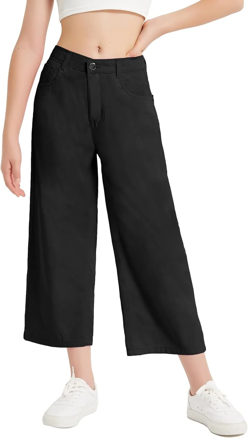 EXARUS Girls Jeans Wide Leg Cute Baggy Teen Denim Pants Mid Rise Elastic Band with Pockets Casual