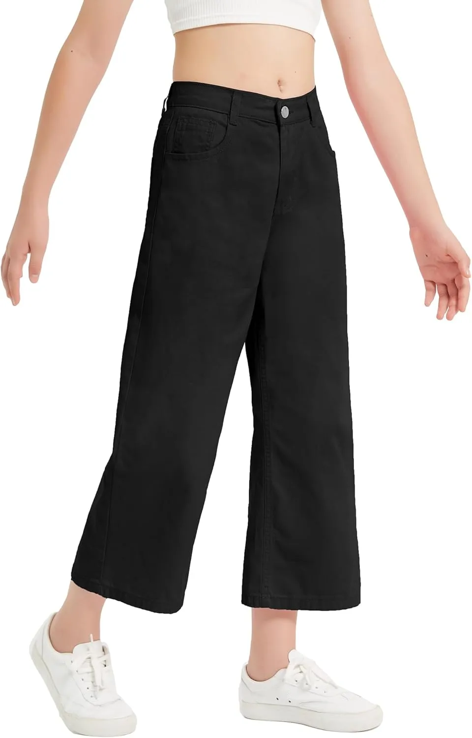 EXARUS Girls Jeans Wide Leg Cute Baggy Teen Denim Pants Mid Rise Elastic Band with Pockets Casual