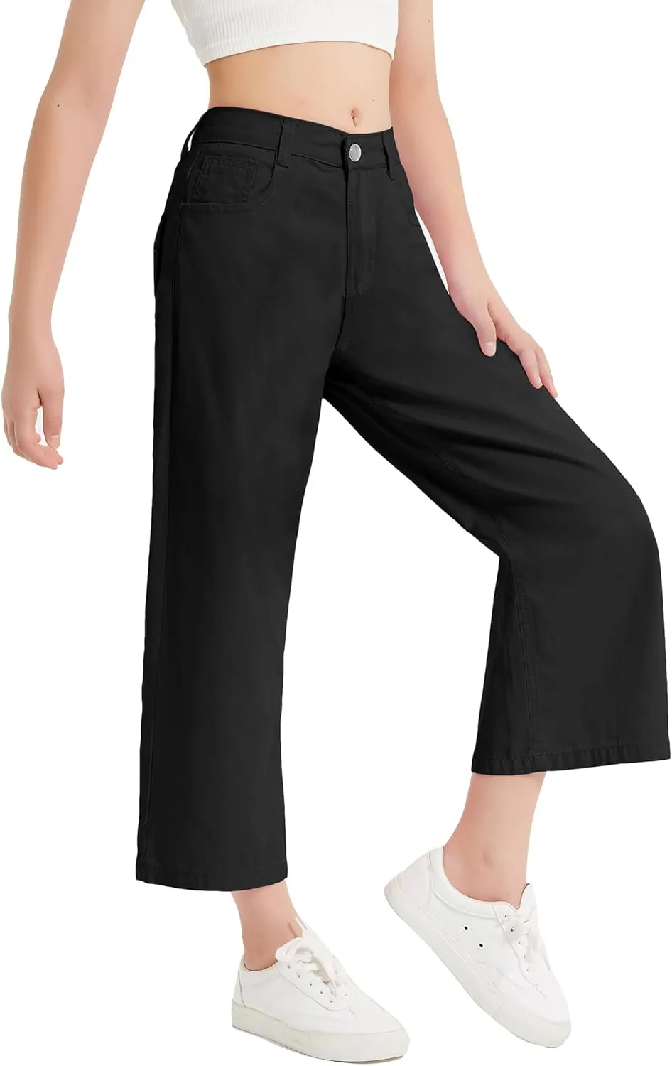 EXARUS Girls Jeans Wide Leg Cute Baggy Teen Denim Pants Mid Rise Elastic Band with Pockets Casual
