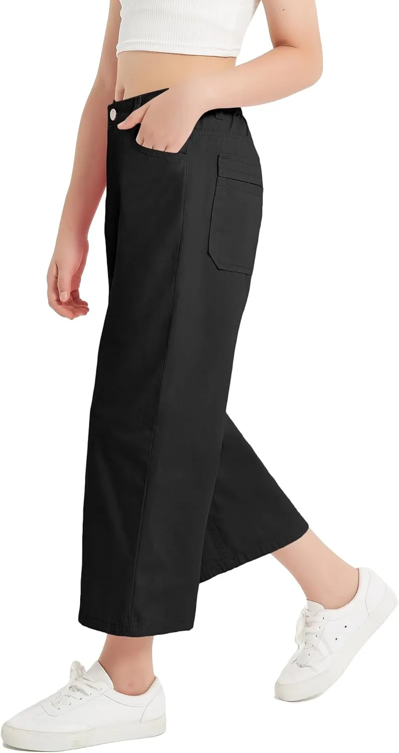 EXARUS Girls Jeans Wide Leg Cute Baggy Teen Denim Pants Mid Rise Elastic Band with Pockets Casual