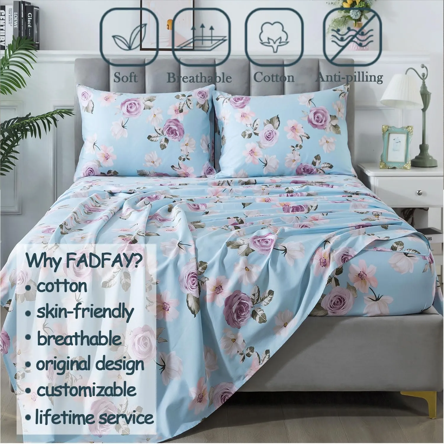 FADFAY Cal King Sheets Set Percale Cotton Pink Floral Bed Sheets Deep Pocket Fitted Sheet, Luxury Blue Vintage Rose Flower Printed Shabby Bedding for All Season, Super Soft Crisp & Cool, 4 Pcs