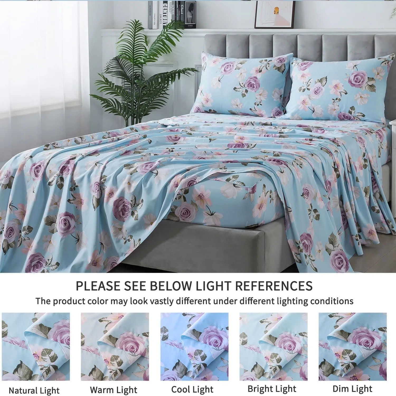 FADFAY Cal King Sheets Set Percale Cotton Pink Floral Bed Sheets Deep Pocket Fitted Sheet, Luxury Blue Vintage Rose Flower Printed Shabby Bedding for All Season, Super Soft Crisp & Cool, 4 Pcs