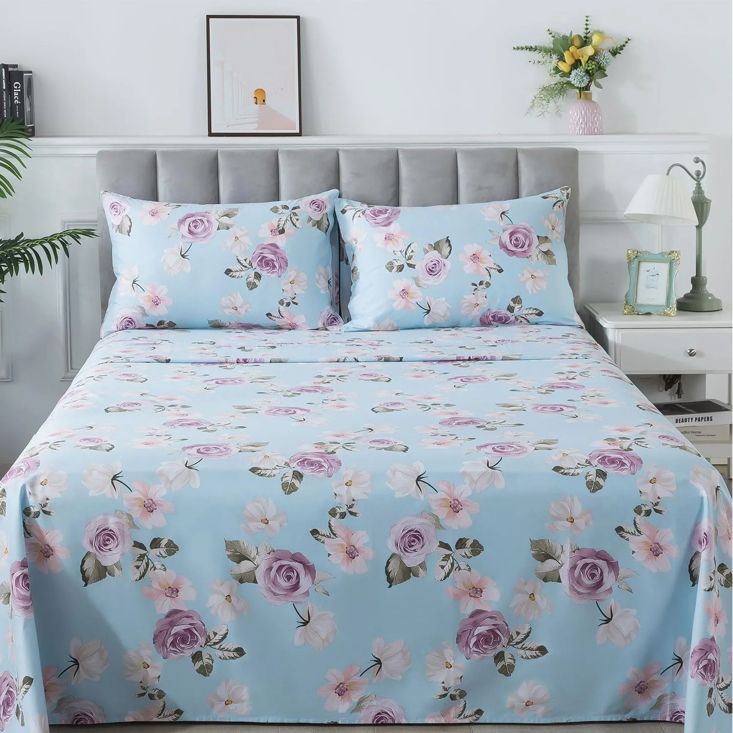 FADFAY Cal King Sheets Set Percale Cotton Pink Floral Bed Sheets Deep Pocket Fitted Sheet, Luxury Blue Vintage Rose Flower Printed Shabby Bedding for All Season, Super Soft Crisp & Cool, 4 Pcs
