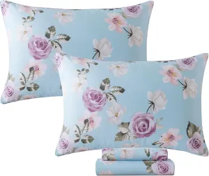 FADFAY Cal King Sheets Set Percale Cotton Pink Floral Bed Sheets Deep Pocket Fitted Sheet, Luxury Blue Vintage Rose Flower Printed Shabby Bedding for All Season, Super Soft Crisp & Cool, 4 Pcs