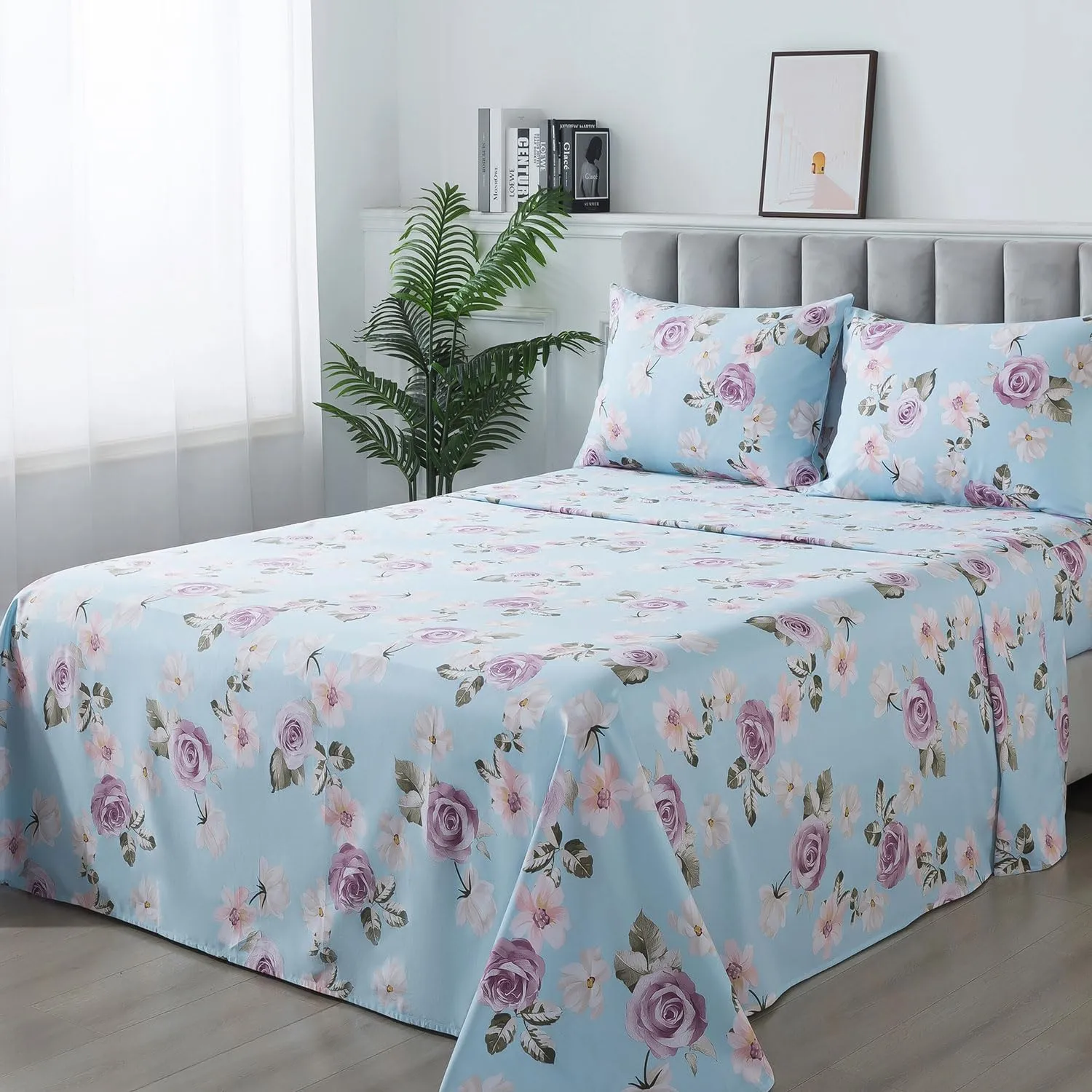 FADFAY Cal King Sheets Set Percale Cotton Pink Floral Bed Sheets Deep Pocket Fitted Sheet, Luxury Blue Vintage Rose Flower Printed Shabby Bedding for All Season, Super Soft Crisp & Cool, 4 Pcs