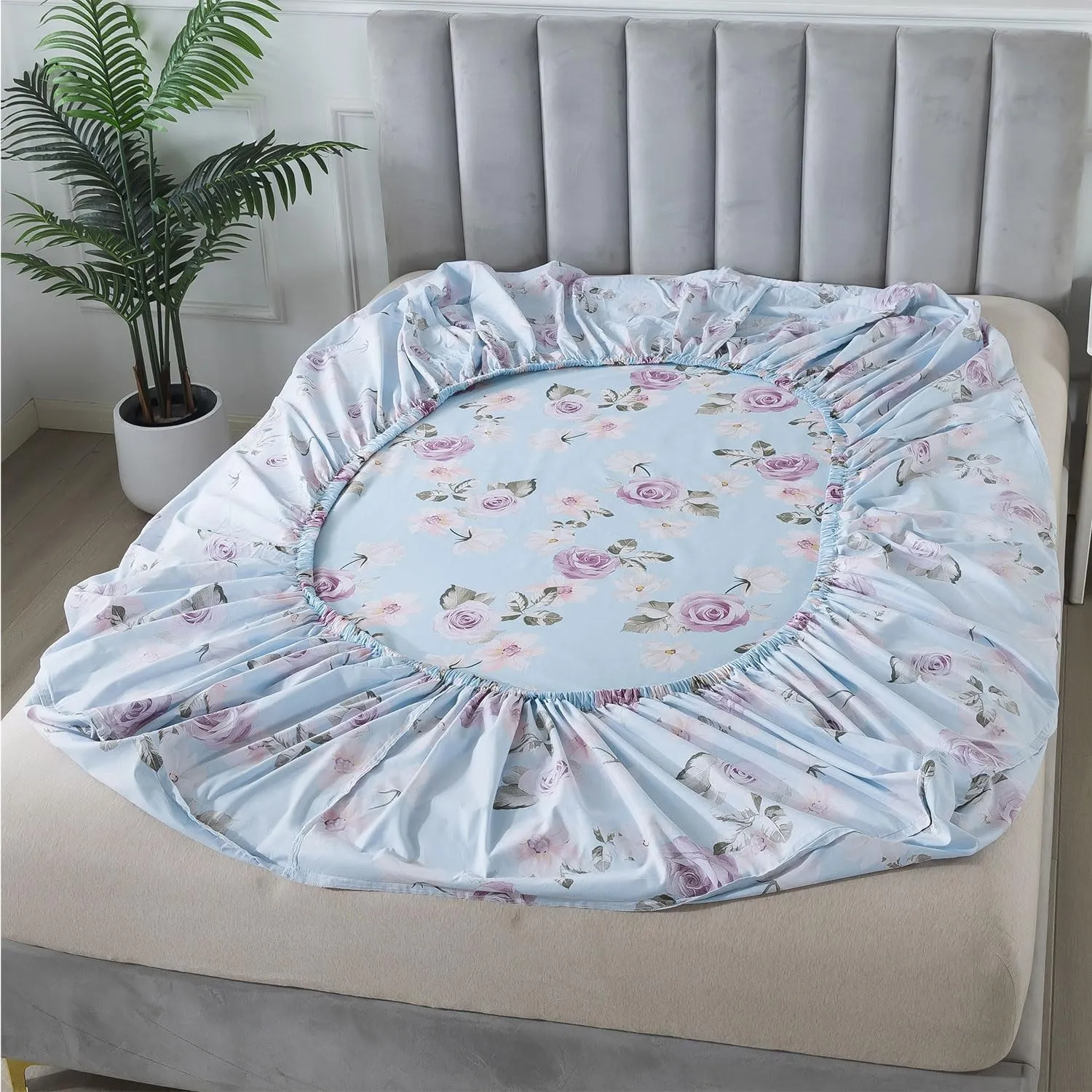 FADFAY Cal King Sheets Set Percale Cotton Pink Floral Bed Sheets Deep Pocket Fitted Sheet, Luxury Blue Vintage Rose Flower Printed Shabby Bedding for All Season, Super Soft Crisp & Cool, 4 Pcs