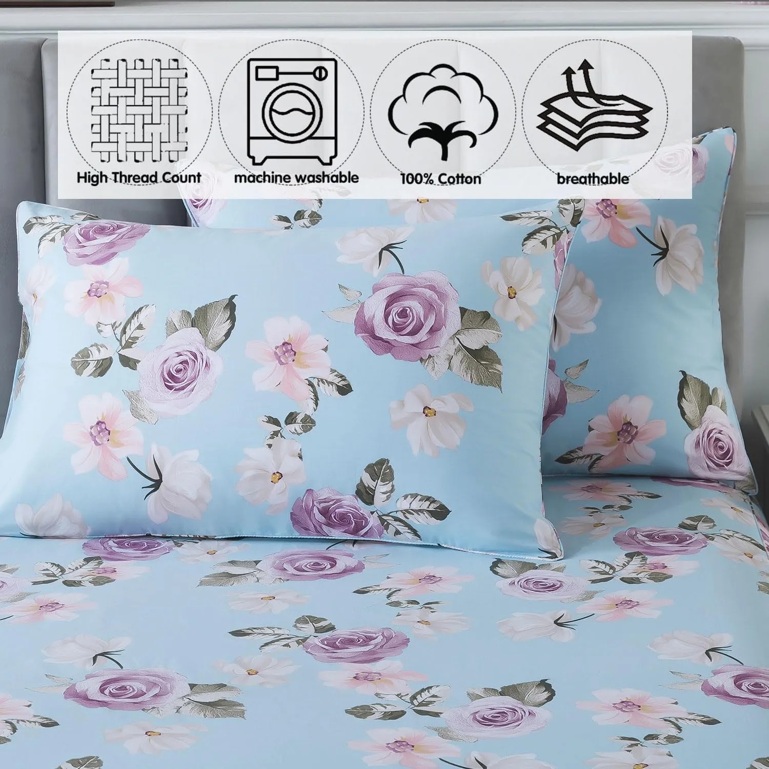 FADFAY Cal King Sheets Set Percale Cotton Pink Floral Bed Sheets Deep Pocket Fitted Sheet, Luxury Blue Vintage Rose Flower Printed Shabby Bedding for All Season, Super Soft Crisp & Cool, 4 Pcs