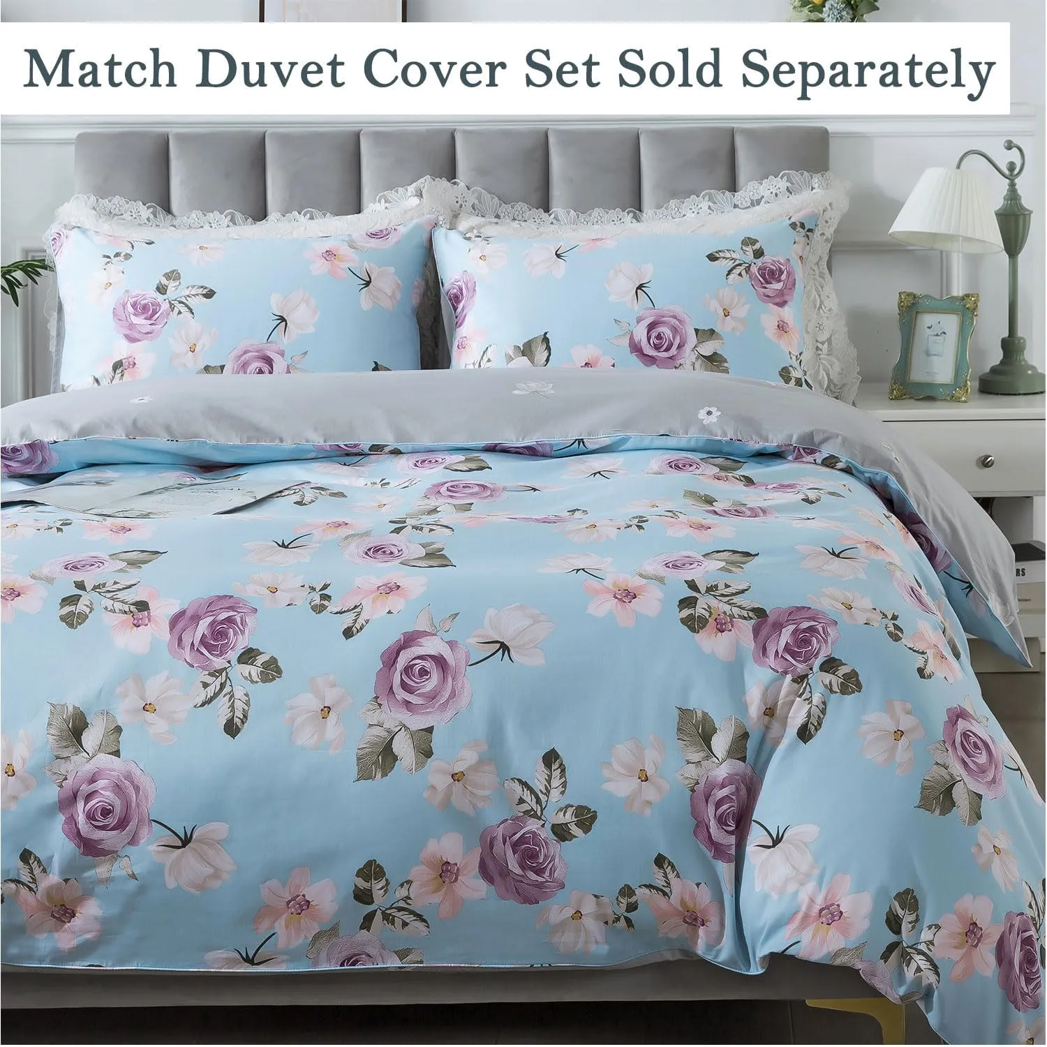 FADFAY Cal King Sheets Set Percale Cotton Pink Floral Bed Sheets Deep Pocket Fitted Sheet, Luxury Blue Vintage Rose Flower Printed Shabby Bedding for All Season, Super Soft Crisp & Cool, 4 Pcs