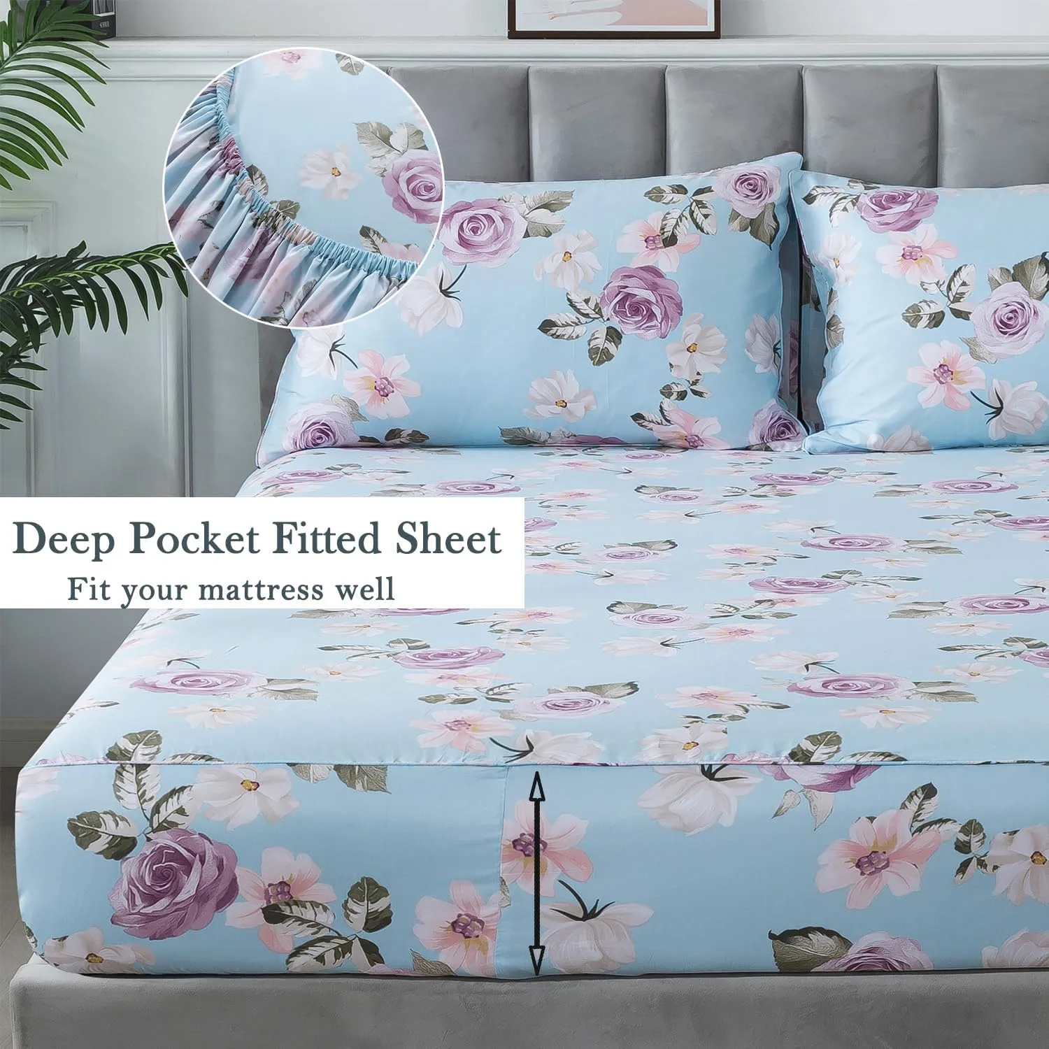 FADFAY Cal King Sheets Set Percale Cotton Pink Floral Bed Sheets Deep Pocket Fitted Sheet, Luxury Blue Vintage Rose Flower Printed Shabby Bedding for All Season, Super Soft Crisp & Cool, 4 Pcs