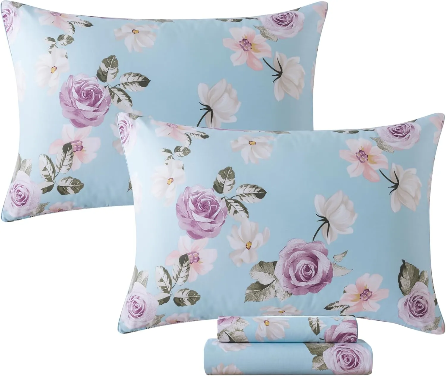 FADFAY Cal King Sheets Set Percale Cotton Pink Floral Bed Sheets Deep Pocket Fitted Sheet, Luxury Blue Vintage Rose Flower Printed Shabby Bedding for All Season, Super Soft Crisp & Cool, 4 Pcs