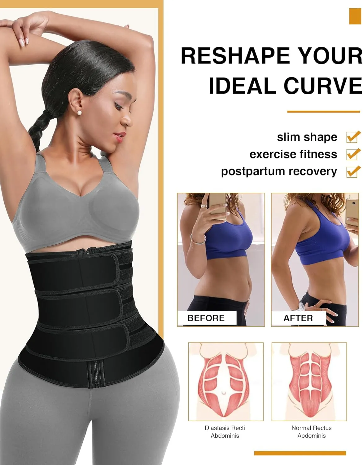 FeelinGirl Neoprene Waist Trainer for Women 3 Straps Tummy Control Workout Corset Cincher Long Torso Trimmer Sauna Belt