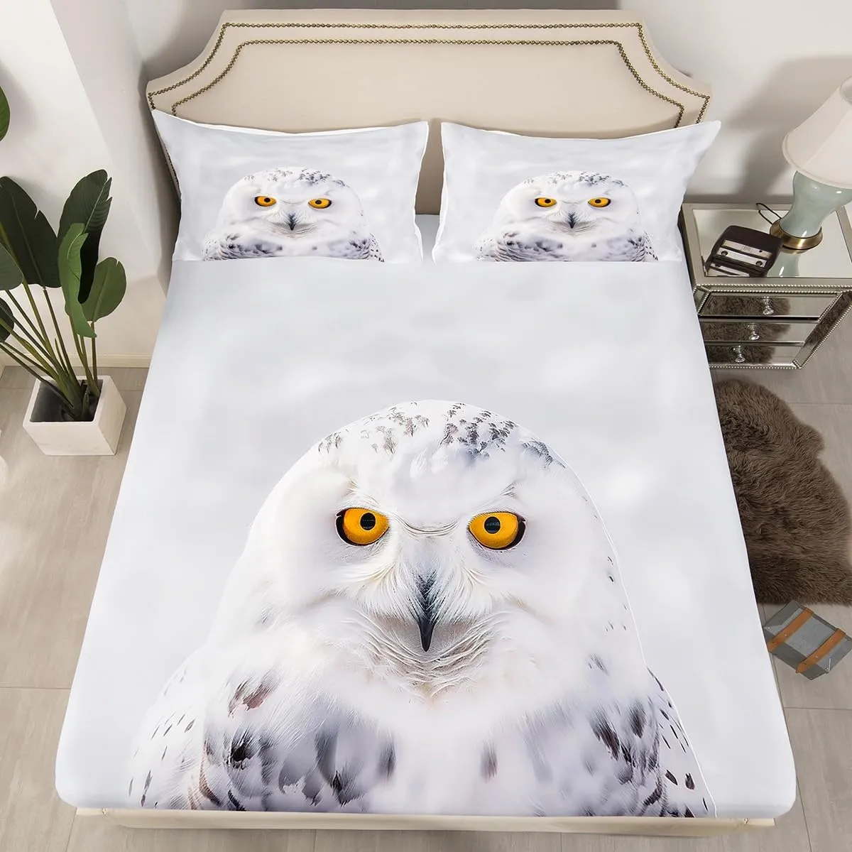 Feelyou Bald Eagle Fitted Sheet Owl Bedding Set 3D Bird Animal Bed Sheet Set for Boys Girls Children Teens Bedroom Decor Snowy Owl Decor Bed Cover No Flat Sheet Twin Size with 1 Pillow Case