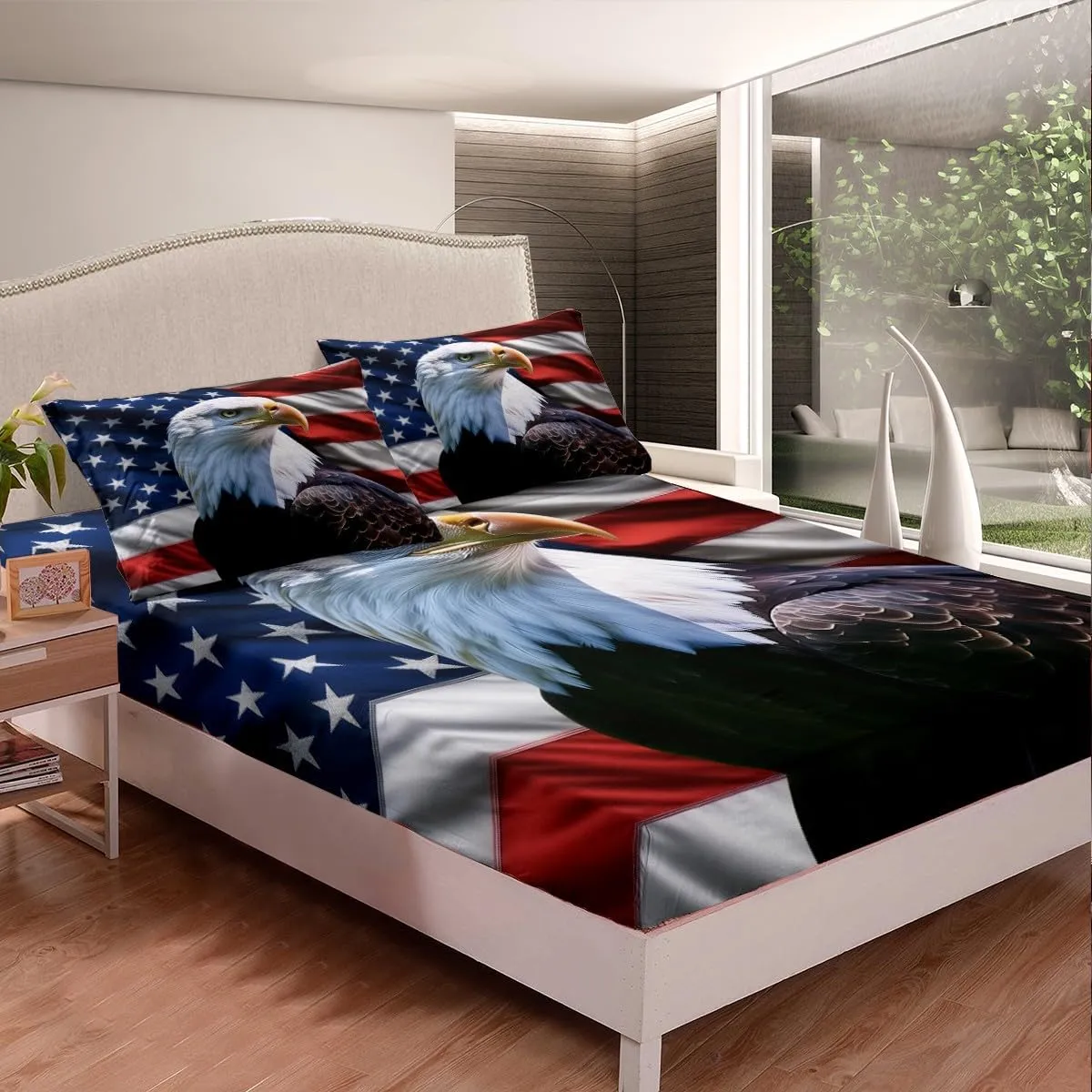 Feelyou Eagle Fitted Sheet Twin Size American Flag Bedding Set for Boys Girls Teens 3D Animal Printed Bed Sheet Set Bird Decor Bed Cover Dark Blue Bed Set
