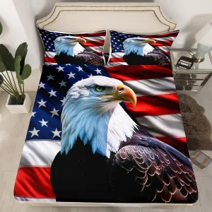 Feelyou Eagle Fitted Sheet Twin Size American Flag Bedding Set for Boys Girls Teens 3D Animal Printed Bed Sheet Set Bird Decor Bed Cover Dark Blue Bed Set
