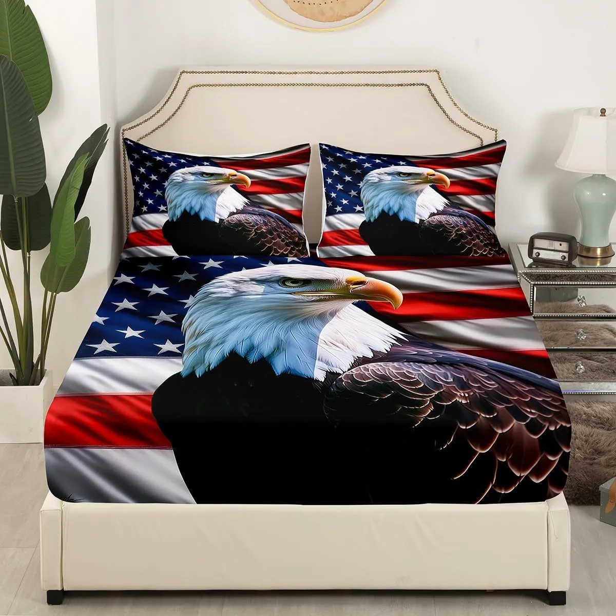 Feelyou Eagle Fitted Sheet Twin Size American Flag Bedding Set for Boys Girls Teens 3D Animal Printed Bed Sheet Set Bird Decor Bed Cover Dark Blue Bed Set