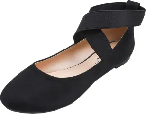 FEVERSOLE Women's Fashion Elastic Ankle Strap Shoes Round Toe Ballet Flat