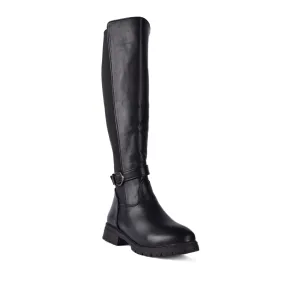 Flat Leather Elastic Boots With Buckle