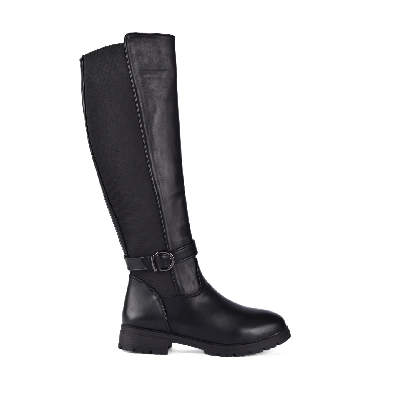 Flat Leather Elastic Boots With Buckle