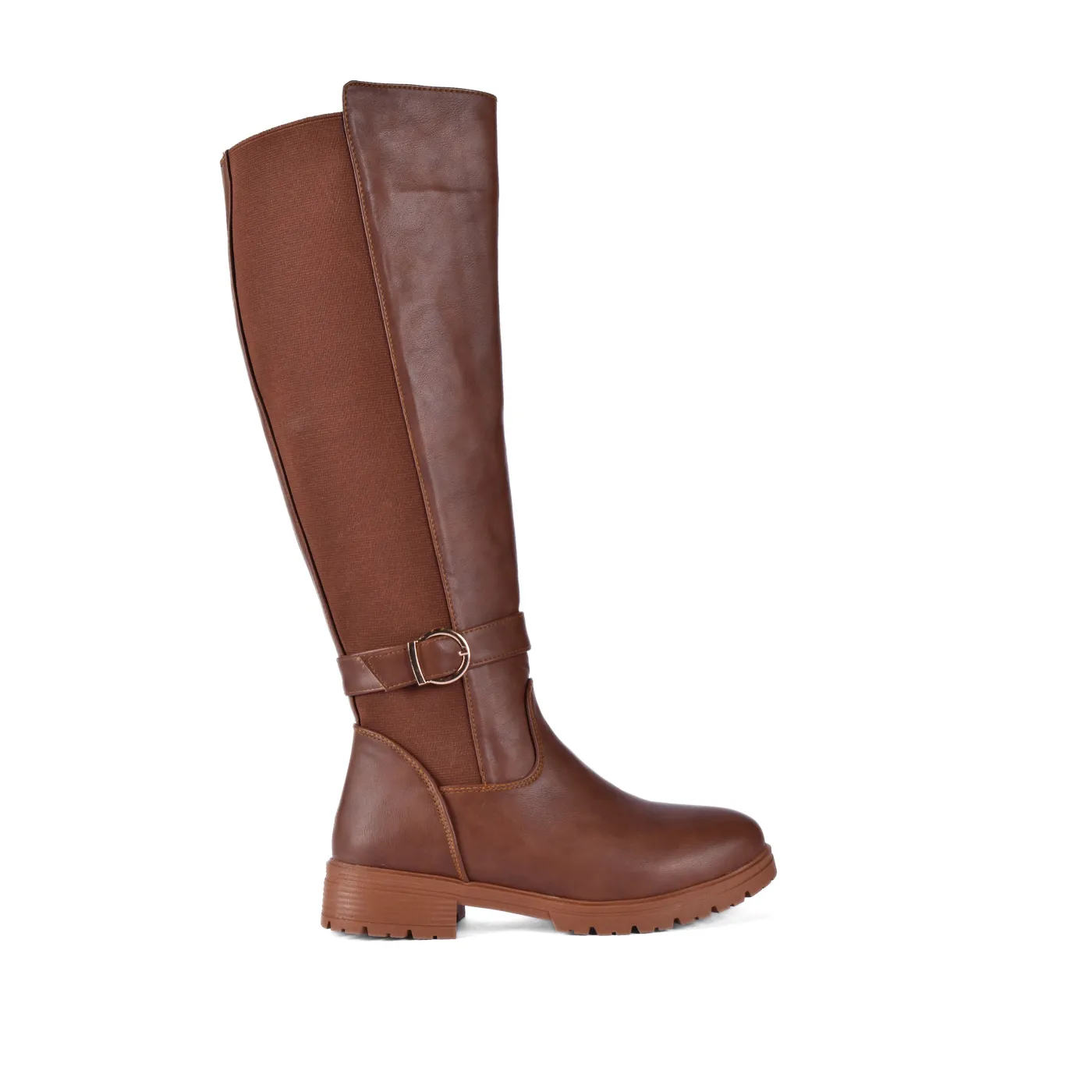 Flat Leather Elastic Boots With Buckle