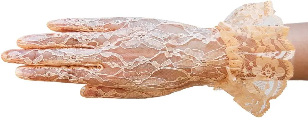 Flower Pattern Women's Lace Gloves with Ruffle Wrist Length