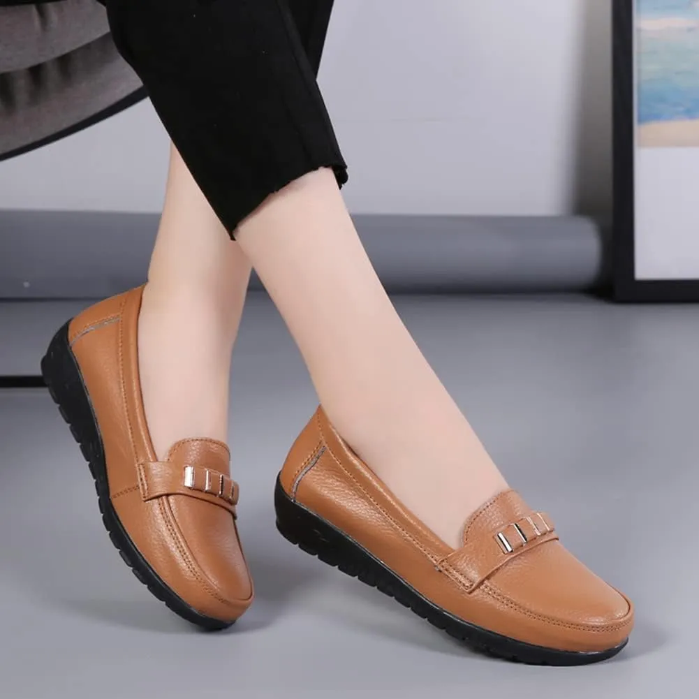 FolHaoth Loafers for Womens Comfortable Leather Moccasins Dress Shoes Casual Slip On Walking Womens Flats Loafers Fashion Boat Shoes Classic Nurse Work Flat Shoes