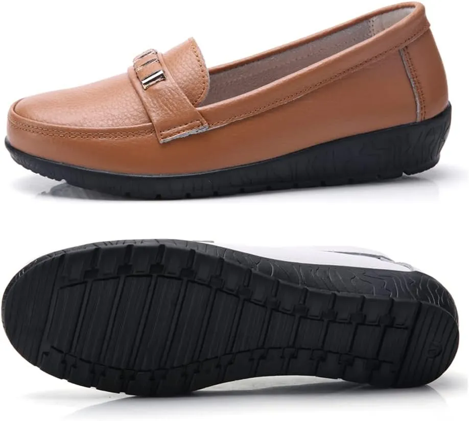 FolHaoth Loafers for Womens Comfortable Leather Moccasins Dress Shoes Casual Slip On Walking Womens Flats Loafers Fashion Boat Shoes Classic Nurse Work Flat Shoes