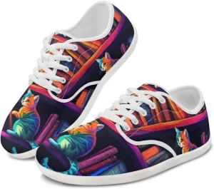 Forchrinse Blue Galaxy Cat Print Women’s Barefoot Shoes Wide Toe Barefoot Cross Trainer Zero Drop Lace Up Walking Running Trail Sneakers