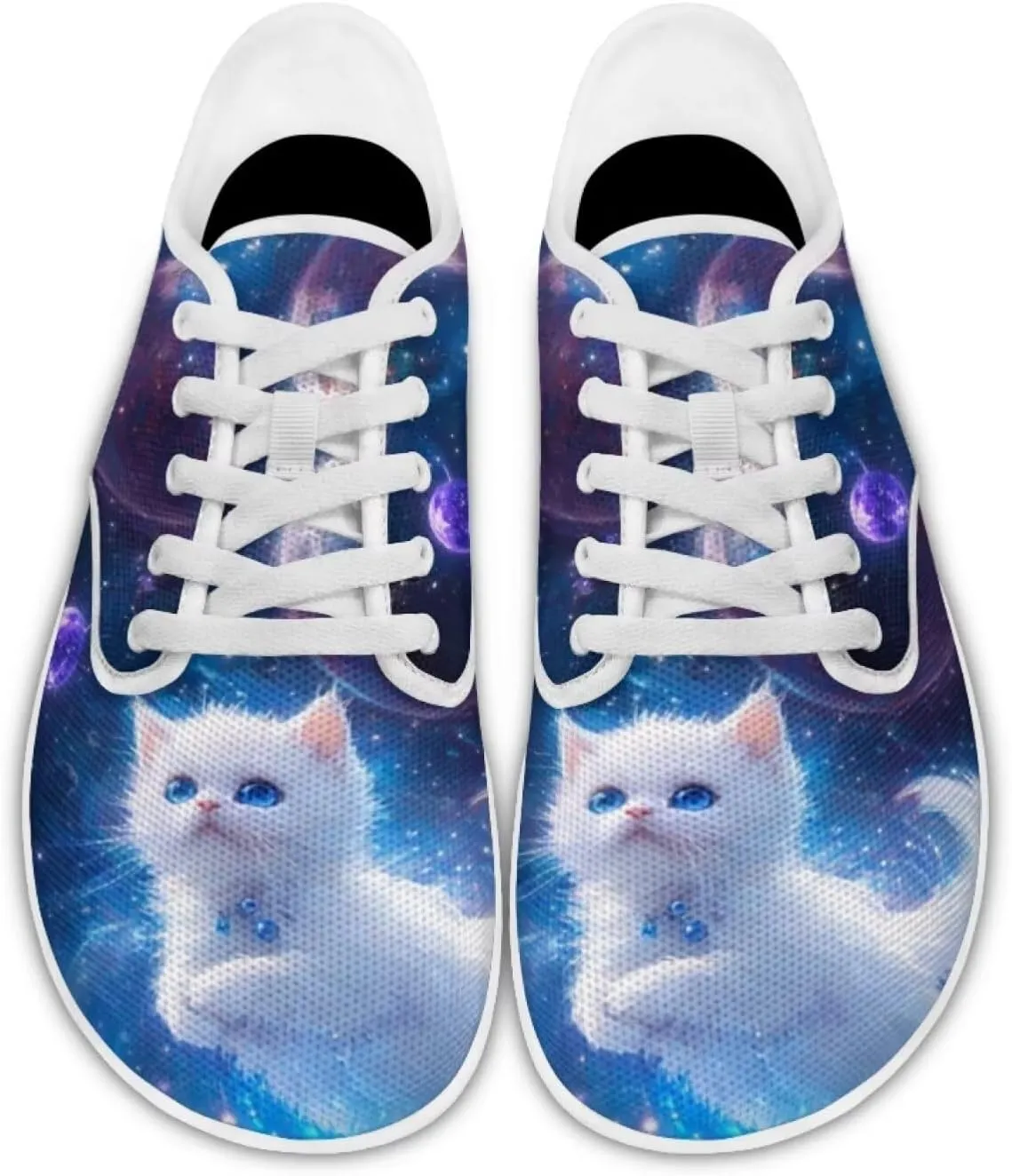 Forchrinse Blue Galaxy Cat Print Women’s Barefoot Shoes Wide Toe Barefoot Cross Trainer Zero Drop Lace Up Walking Running Trail Sneakers
