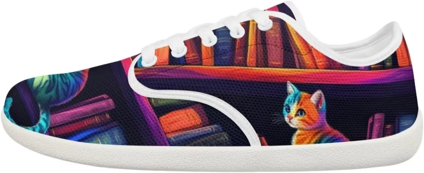 Forchrinse Blue Galaxy Cat Print Women’s Barefoot Shoes Wide Toe Barefoot Cross Trainer Zero Drop Lace Up Walking Running Trail Sneakers