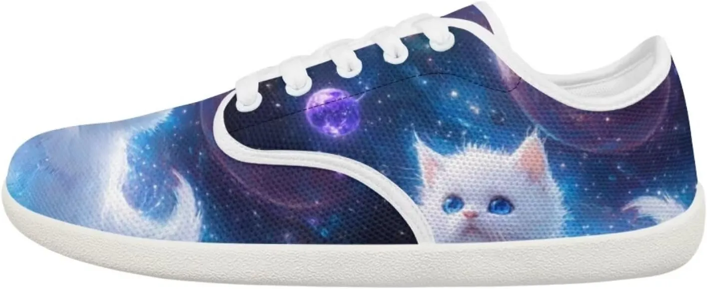 Forchrinse Blue Galaxy Cat Print Women’s Barefoot Shoes Wide Toe Barefoot Cross Trainer Zero Drop Lace Up Walking Running Trail Sneakers