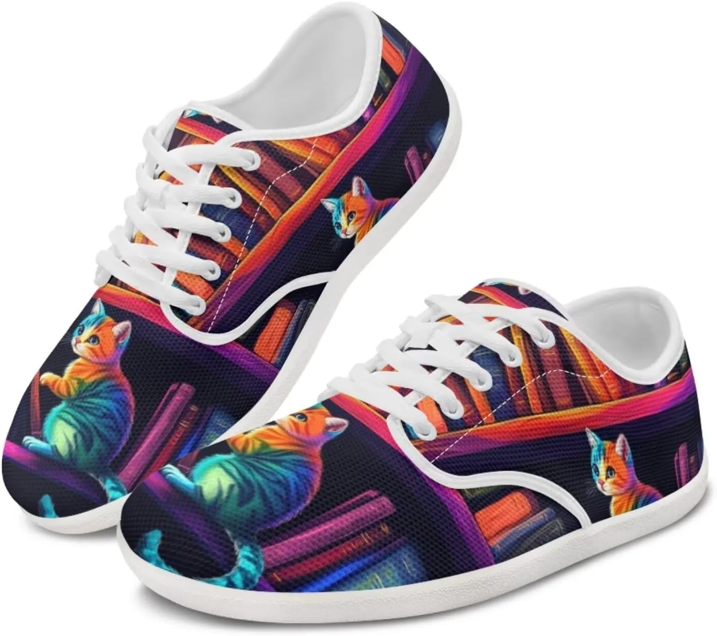 Forchrinse Blue Galaxy Cat Print Women’s Barefoot Shoes Wide Toe Barefoot Cross Trainer Zero Drop Lace Up Walking Running Trail Sneakers