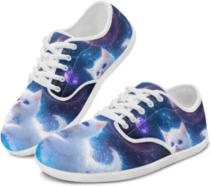 Forchrinse Blue Galaxy Cat Print Women’s Barefoot Shoes Wide Toe Barefoot Cross Trainer Zero Drop Lace Up Walking Running Trail Sneakers