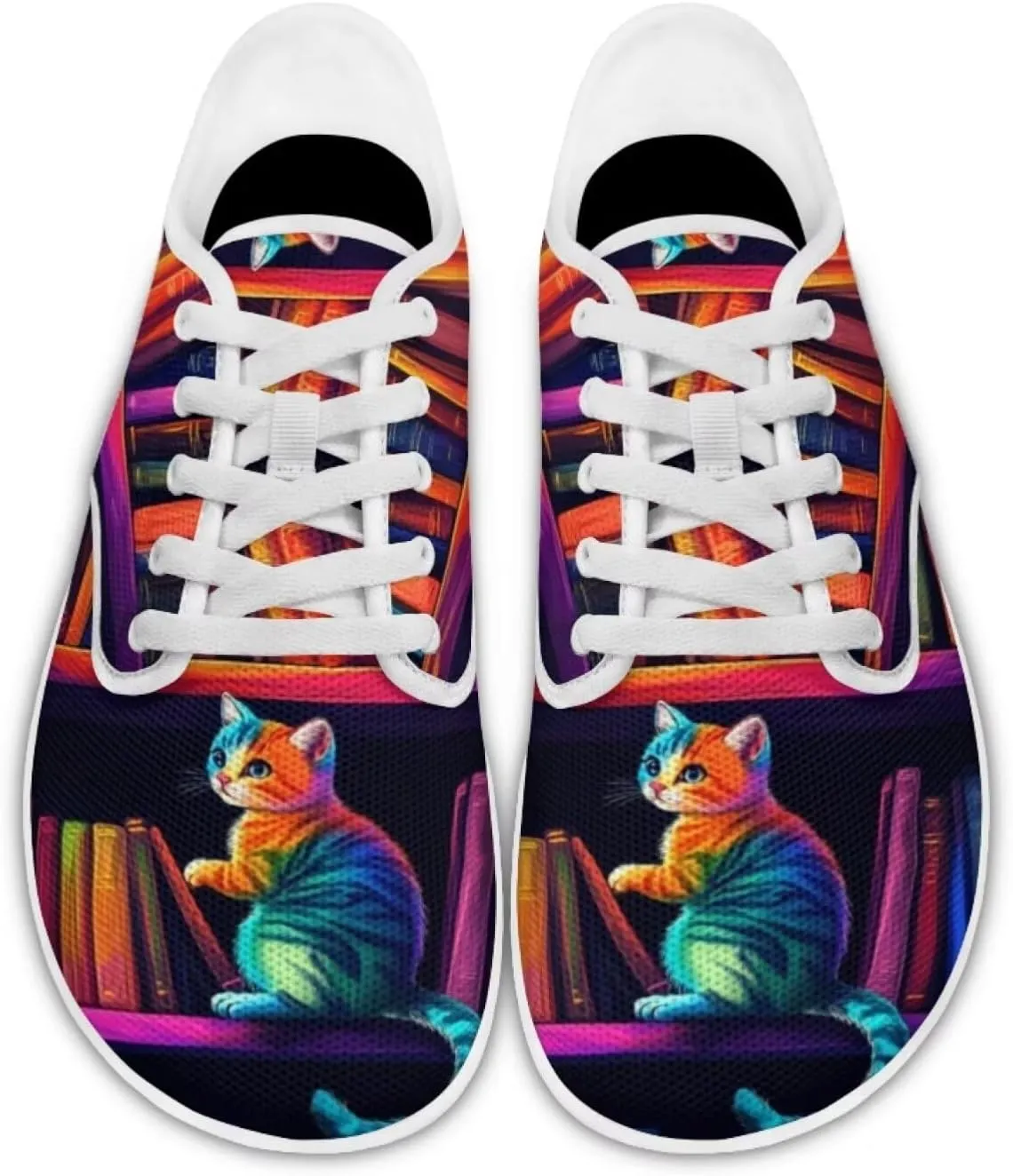 Forchrinse Blue Galaxy Cat Print Women’s Barefoot Shoes Wide Toe Barefoot Cross Trainer Zero Drop Lace Up Walking Running Trail Sneakers