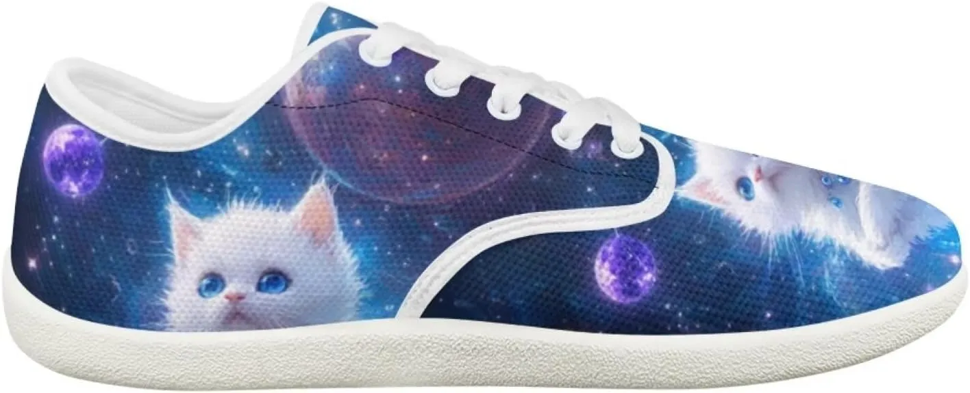 Forchrinse Blue Galaxy Cat Print Women’s Barefoot Shoes Wide Toe Barefoot Cross Trainer Zero Drop Lace Up Walking Running Trail Sneakers