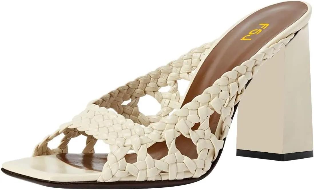 FSJ Women Braided Slip On Mules Square Open Toe Chunky Block Heels Comfortable Backless Heeled Sandals Casual Dressy Shoes Size 4-16 US