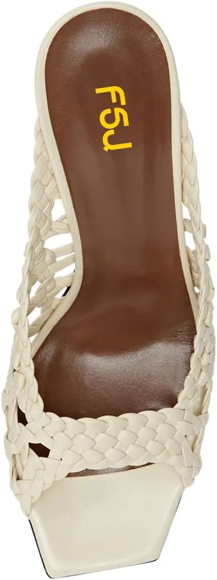 FSJ Women Braided Slip On Mules Square Open Toe Chunky Block Heels Comfortable Backless Heeled Sandals Casual Dressy Shoes Size 4-16 US