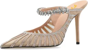 FYS Women's Pointed Toe Slip on Mules Rhinestone Studded Stiletto High Heel Sandals Shining Sexy Party Evening Shoes Size 4-16 US