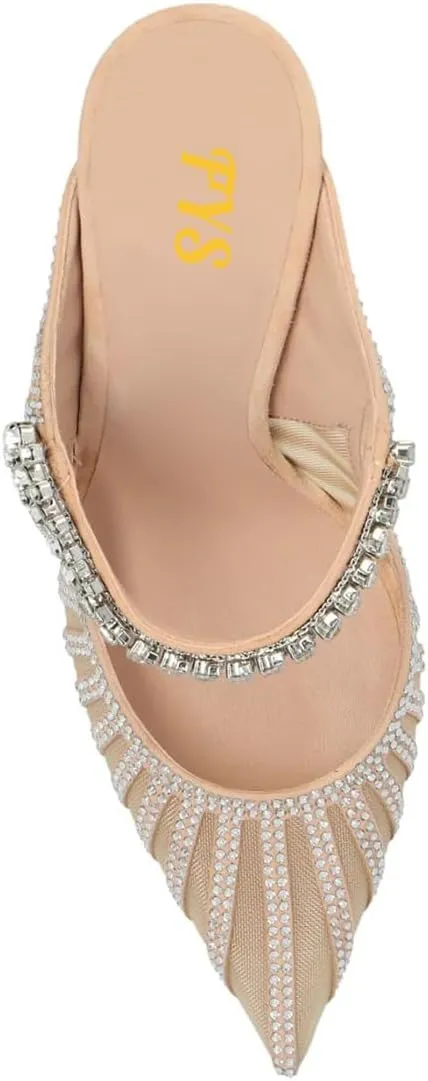 FYS Women's Pointed Toe Slip on Mules Rhinestone Studded Stiletto High Heel Sandals Shining Sexy Party Evening Shoes Size 4-16 US