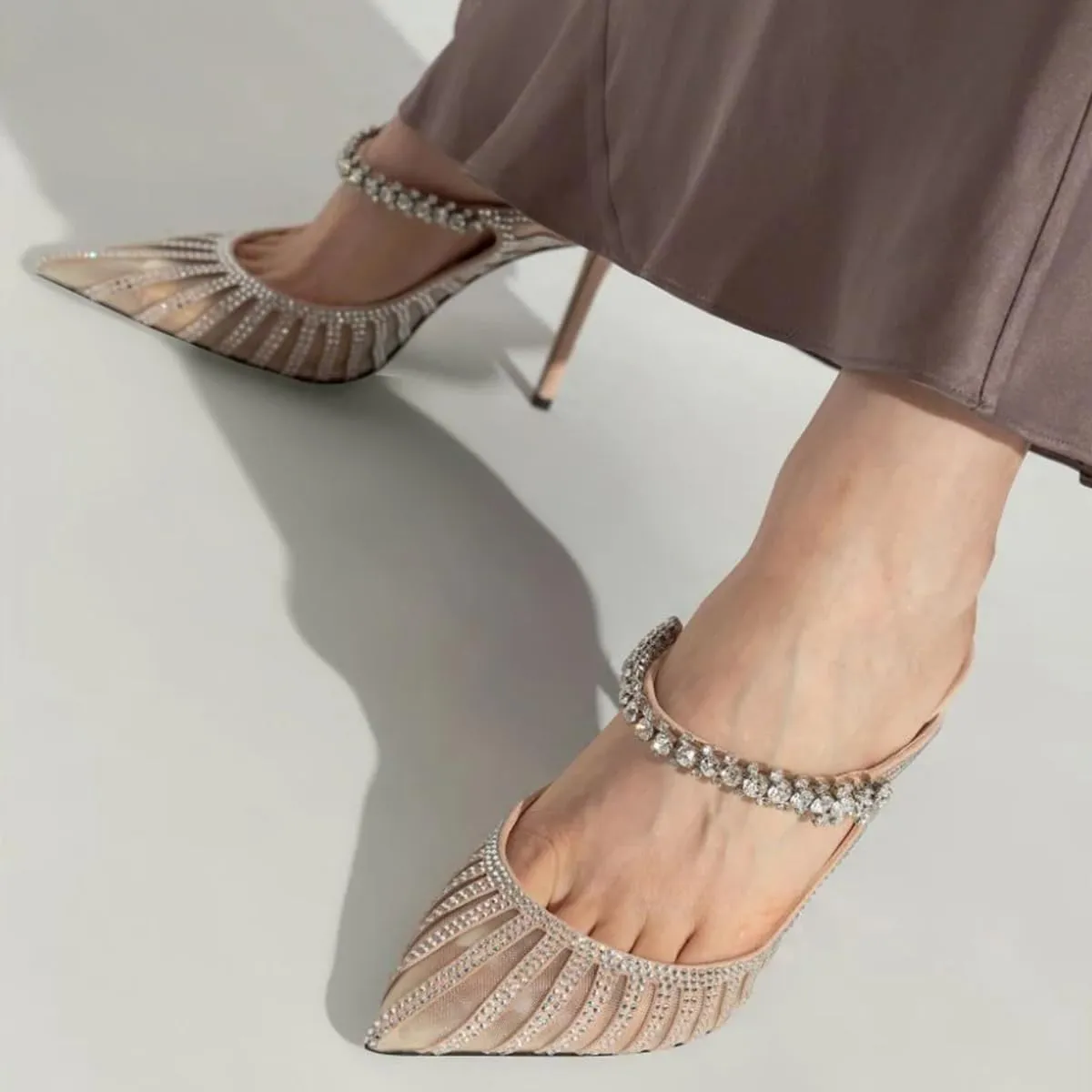 FYS Women's Pointed Toe Slip on Mules Rhinestone Studded Stiletto High Heel Sandals Shining Sexy Party Evening Shoes Size 4-16 US