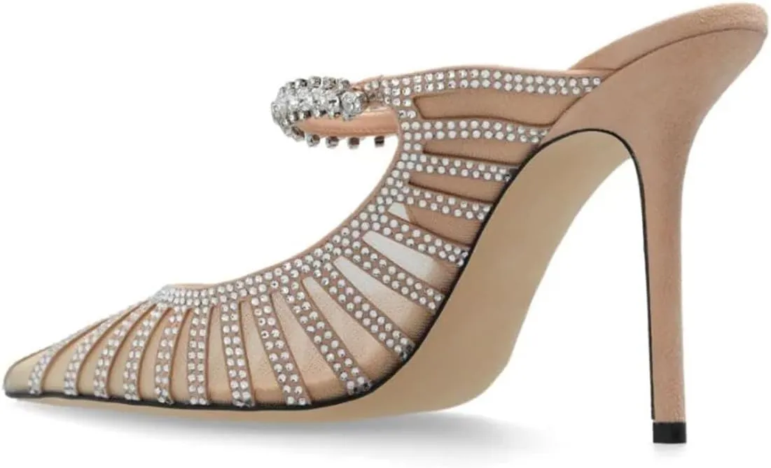 FYS Women's Pointed Toe Slip on Mules Rhinestone Studded Stiletto High Heel Sandals Shining Sexy Party Evening Shoes Size 4-16 US