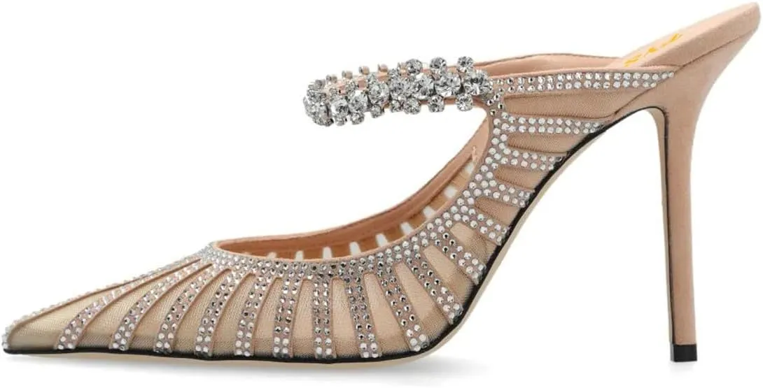 FYS Women's Pointed Toe Slip on Mules Rhinestone Studded Stiletto High Heel Sandals Shining Sexy Party Evening Shoes Size 4-16 US
