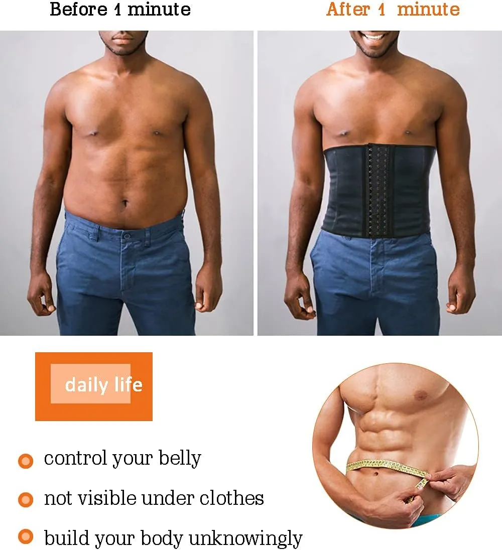 GainKee 100% Latex Men Waist Trainer Corsets With Steel Bone Sweat Belt Sauna Suit For Fitness Body Shaper