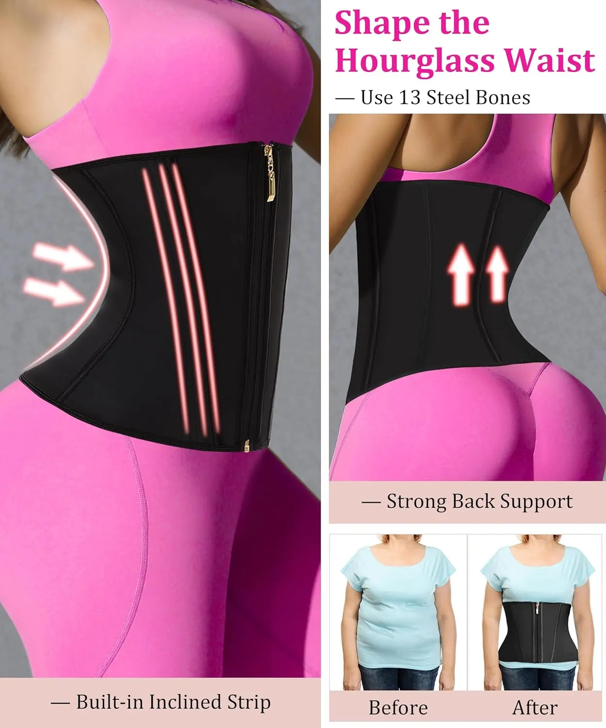 GainKee Waist Trainer for Women Corset Workout Cincher Body Shaper Tummy Control Shapewear Sweat Trimmer Latex Zipper